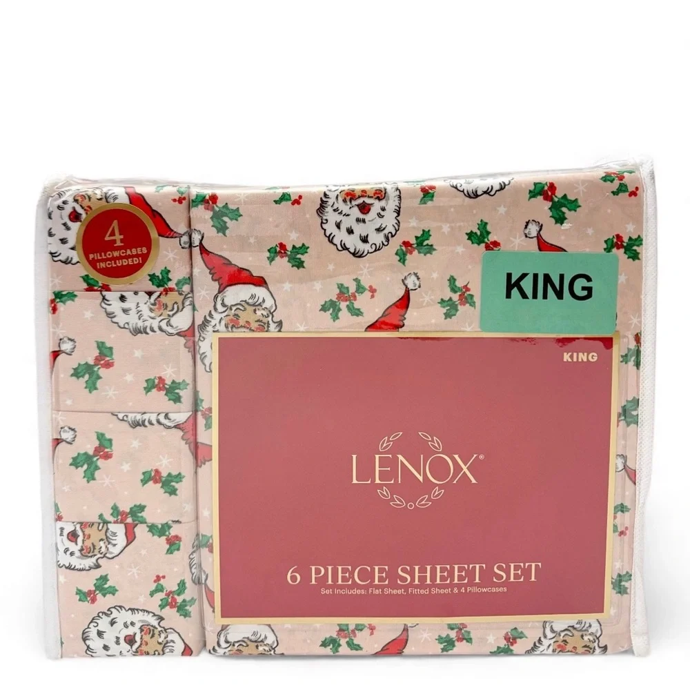 Lenox Vintage Style Santa Claus Face Holly Pink Christmas 6 Piece Sheet Set KING